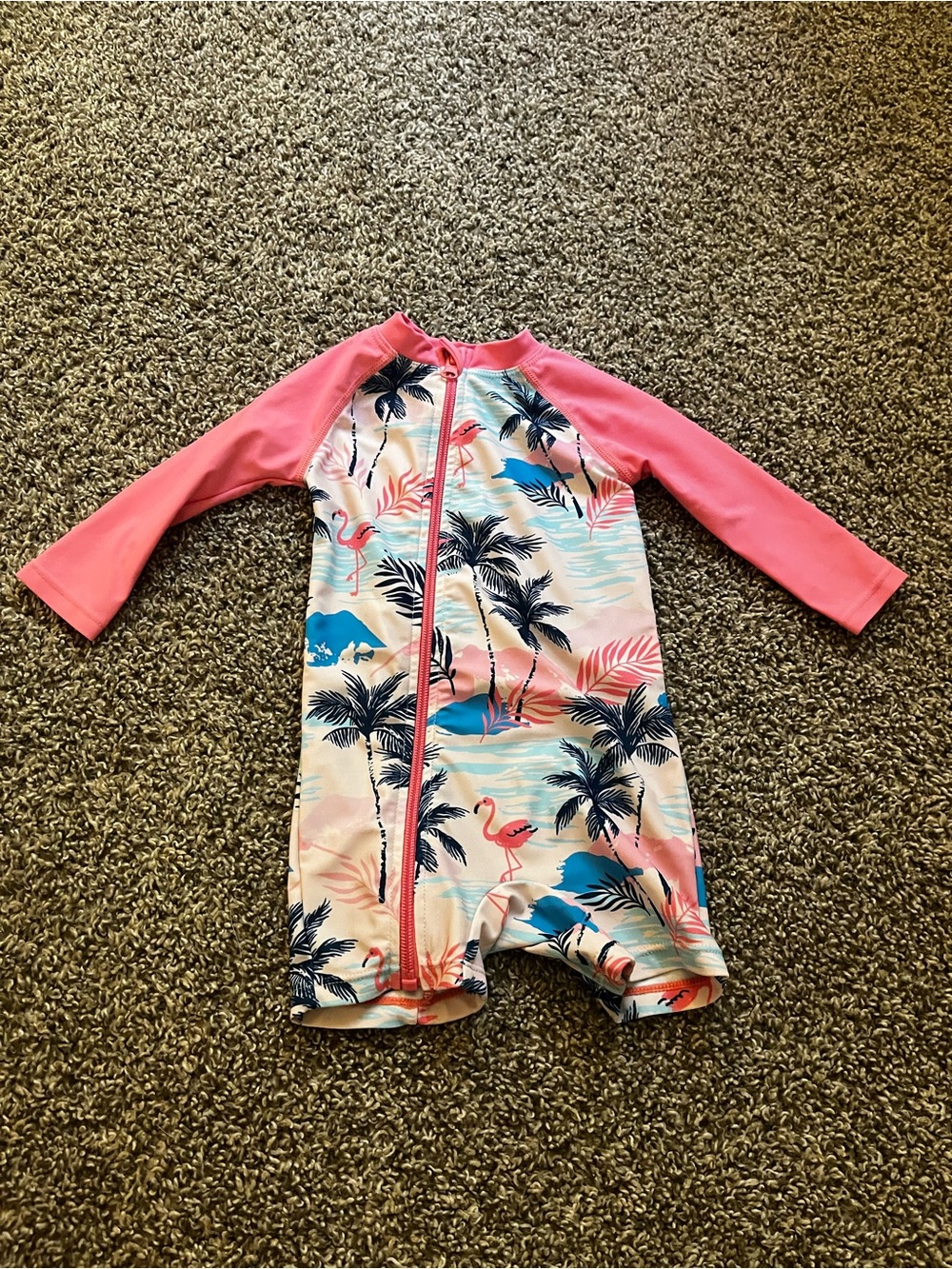 Kids Pink Tropical Flamingo Rash Guard One-Piece Swimsuit